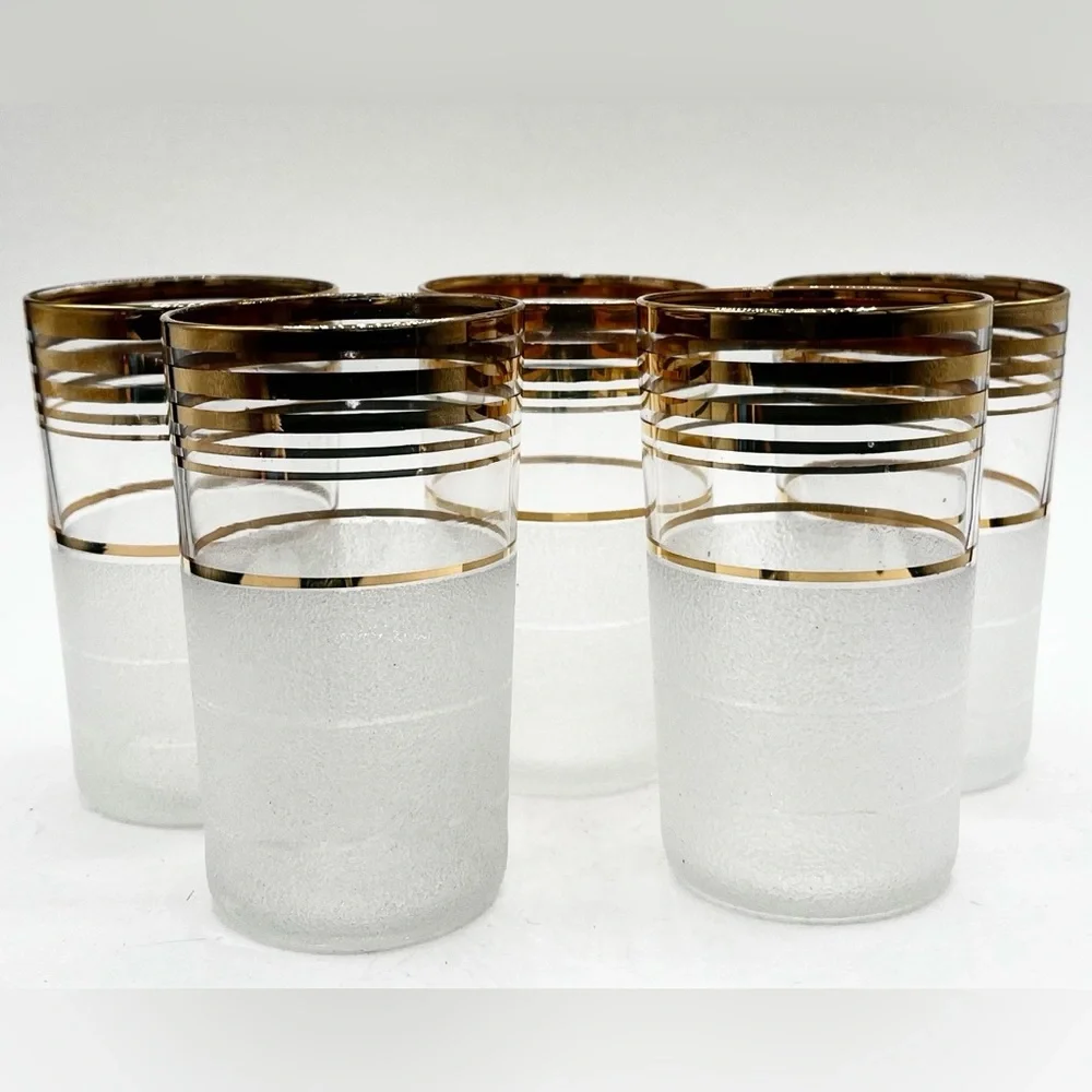 MCM Set Of 5 Juice Cocktail Glasses Gold Trim Frosted 4.5”‎ Tall Vintage
